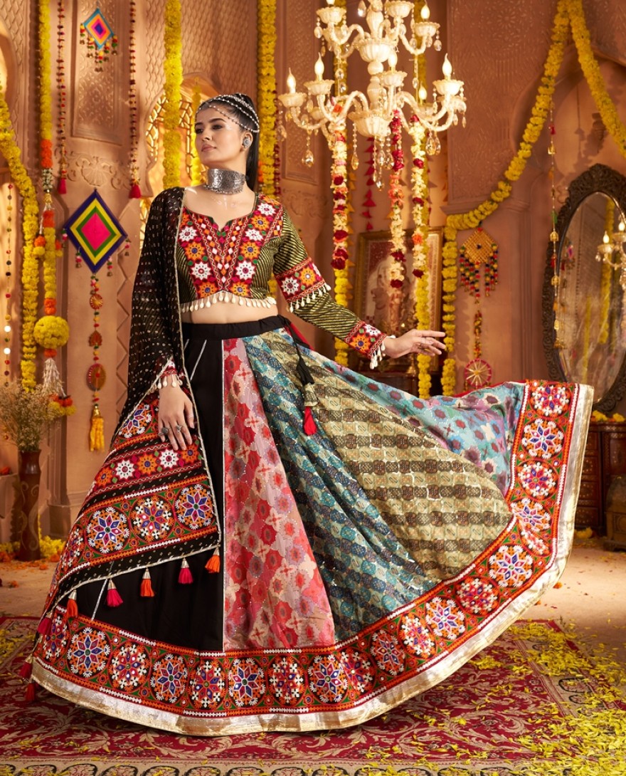 11002 - Regal Black Thread Embroidered Viscose Navratri Wear Lehenga Choli
